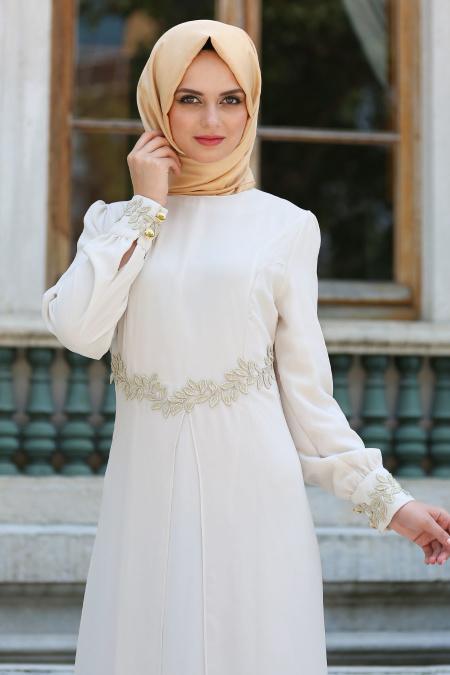 Neva Style - Beli Dantel Detaylı Ekru Tesettürlü Abiye Elbise 4216E - 3