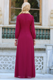 Neva Style - Beli Dantel Detaylı Fuşya Tesettürlü Abiye Elbise 4216F - Thumbnail