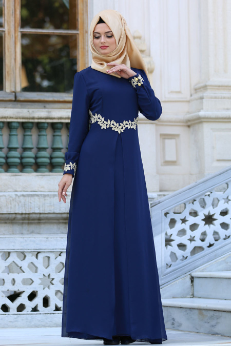 Neva Style - Beli Dantel Detaylı Lacivert Tesettürlü Abiye Elbise 4216L
