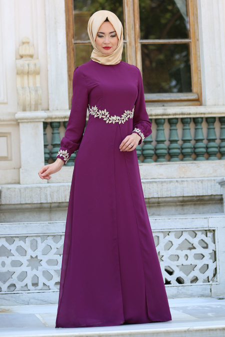 Neva Style - Beli Dantel Detaylı Mürdüm Tesettürlü Abiye Elbise 4216MU