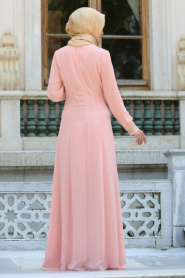 Neva Style - Beli Dantel Detaylı Pudra Tesettürlü Abiye Elbise 4216PD - Thumbnail