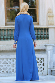 Neva Style - Beli Dantel Detaylı Sax Mavisi Tesettürlü Abiye Elbise 4216SX - Thumbnail