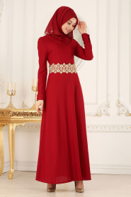 Neva Style - Beli Dantelli Bordo Tesettür Elbise 10076BR - Thumbnail