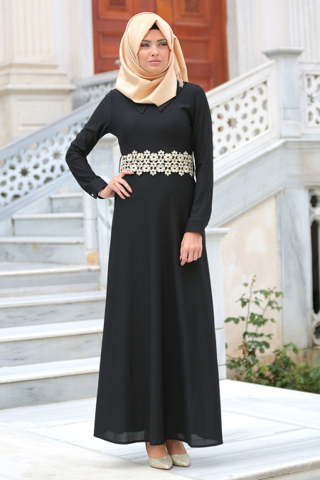 Neva Style - Beli Dantelli Siyah Tesettür Elbise 10076S