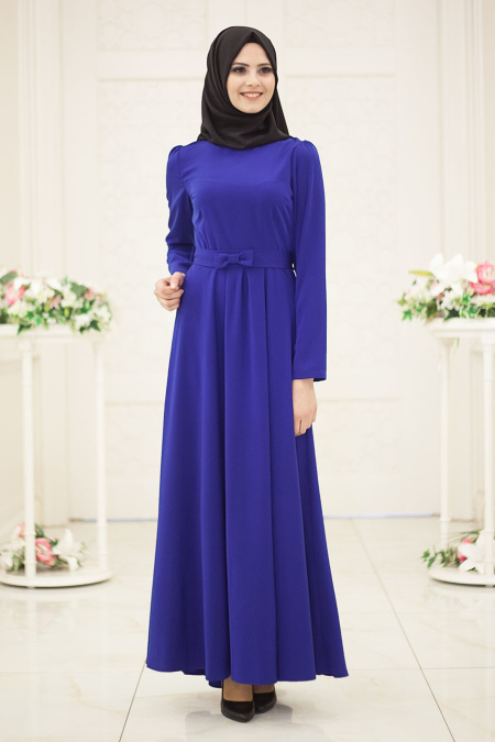 Neva Style - Beli Fiyonklu Saks Mavisi Tesettür Elbise 51050SX