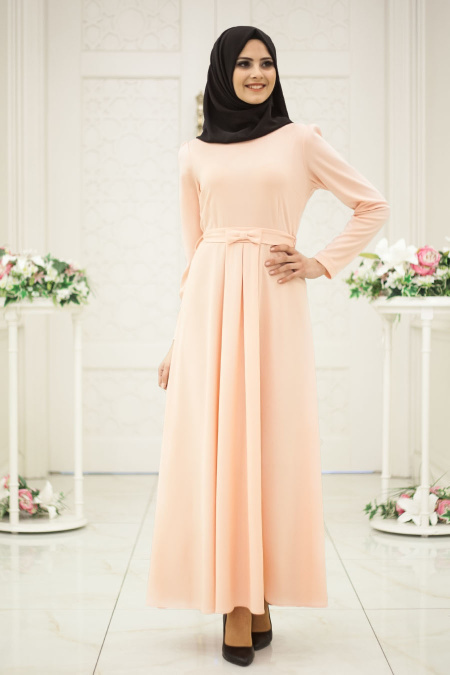 Neva Style - Beli Fiyonklu Somon Tesettür Elbise 51050SMN
