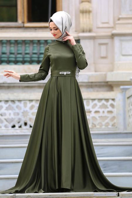 Neva Style - Beli Taş Detaylı Haki Tesettür Abiye Elbise 3556HK