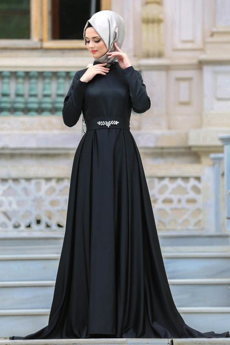 Neva Style - Beli Taş Detaylı Siyah Tesettür Abiye Elbise 3556S