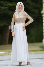 Neva Style - Beli Taşlı Beyaz Tesettür Abiye Elbise 3094B - Thumbnail
