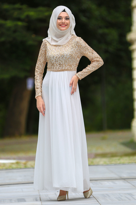 Neva Style - Beli Taşlı Beyaz Tesettür Abiye Elbise 3094B