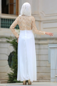Neva Style - Beli Taşlı Beyaz Tesettür Abiye Elbise 3094B - Thumbnail