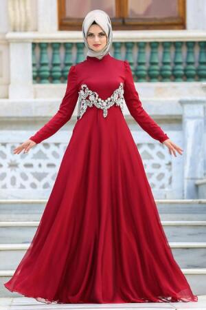 Neva Style - Beli Taşlı Bordo Tesettür Abiye Elbise 3555BR - 1