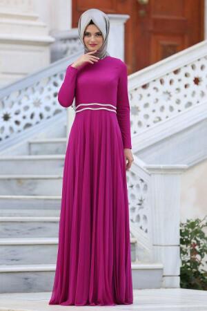 Neva Style - Beli Taşlı Fuşya Tesettür Abiye Elbise 3820F - 1