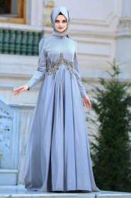 Neva Style - Beli Taşlı Gri Tesettür Abiye Elbise 3580GR - Thumbnail