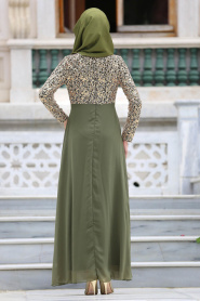 Neva Style - Beli Taşlı Haki Tesettür Abiye Elbise 3094HK - Thumbnail