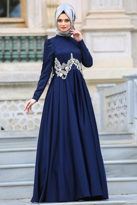 Neva Style - Beli Taşlı Lacivert Tesettür Abiye Elbise 3580L