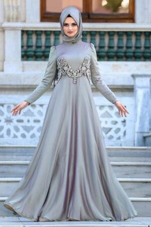 Neva Style - Beli Taşlı Mint Tesettür Abiye Elbise 3555MINT - 1