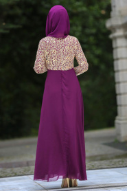 Neva Style - Beli Taşlı Mor Tesettür Abiye Elbise 3094MOR - Thumbnail