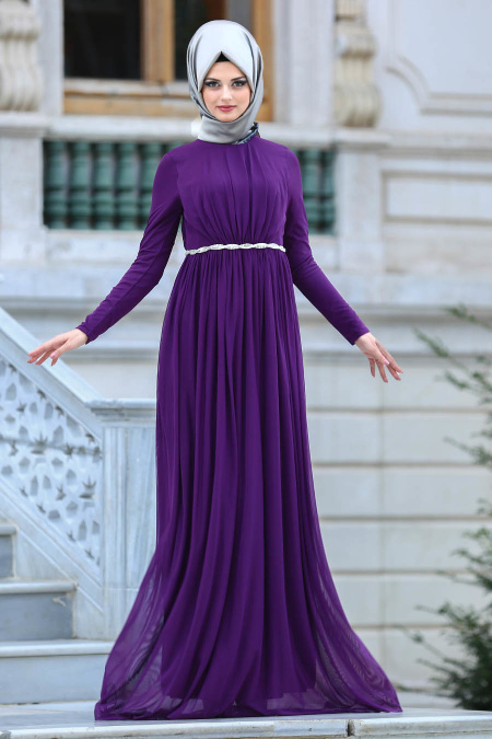 Neva Style - Beli Taşlı Mor Tesettür Abiye Elbise 3609MOR