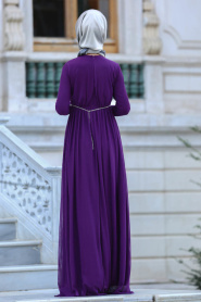 Neva Style - Beli Taşlı Mor Tesettür Abiye Elbise 3609MOR - Thumbnail