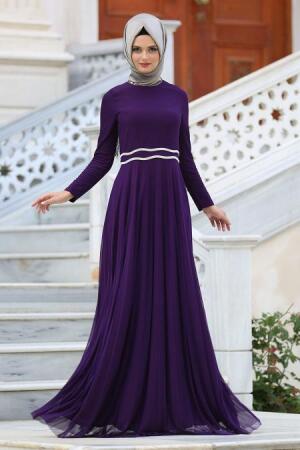 Neva Style - Beli Taşlı Mor Tesettür Abiye Elbise 3820MOR - 1