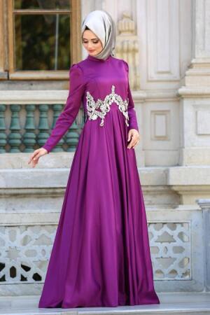 Neva Style - Beli Taşlı Mürdüm Tesettür Abiye Elbise 3580MU - 1