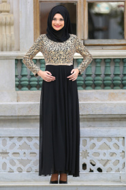 Neva Style - Beli Taşlı Siyah Tesettür Abiye Elbise 3094S - Thumbnail