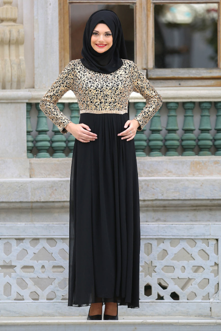 Neva Style - Beli Taşlı Siyah Tesettür Abiye Elbise 3094S