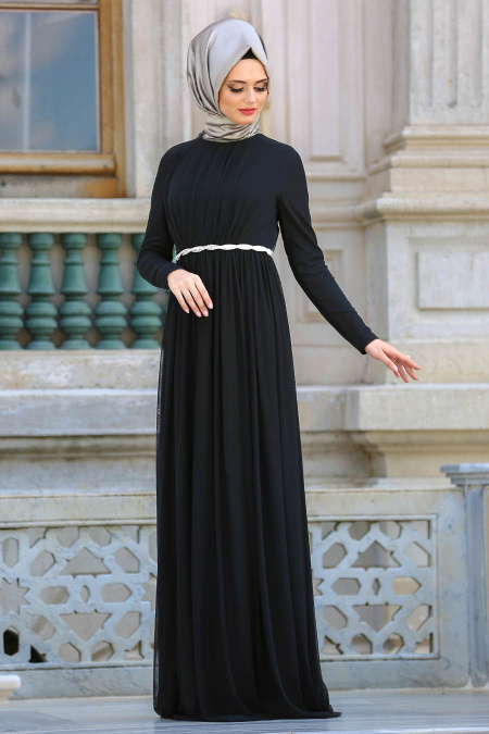 Neva Style - Beli Taşlı Siyah Tesettür Abiye Elbise 3609S