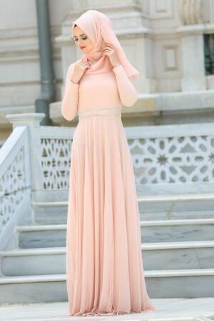 Neva Style - Beli Taşlı Somon Tesettür Abiye Elbise 3820SMN - 1