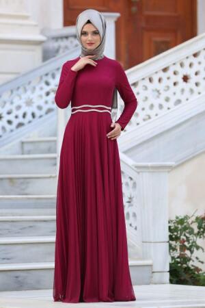 Neva Style - Beli Taşlı Vişne Tesettür Abiye Elbise 3820VSN - 1