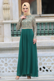 Neva Style - Beli Taşlı Yeşil Tesettür Abiye Elbise 3094Y - Thumbnail