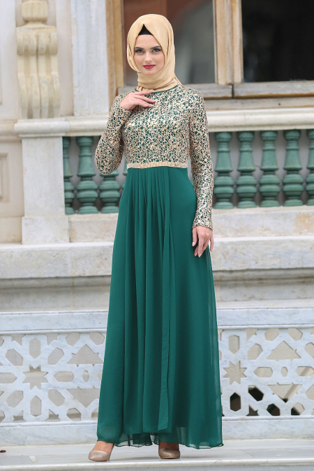 Neva Style - Beli Taşlı Yeşil Tesettür Abiye Elbise 3094Y