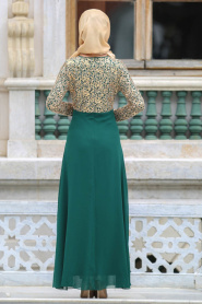 Neva Style - Beli Taşlı Yeşil Tesettür Abiye Elbise 3094Y - Thumbnail
