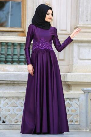 Neva Style - Beli Tüy Detaylı Mor Tesettür Abiye Elbise 3540MOR - 1