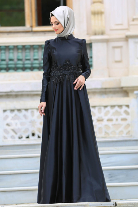 Neva Style - Beli Tüy Detaylı Siyah Tesettür Abiye Elbise 3540S