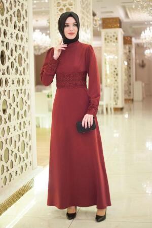 Neva Style - Beli ve Kolları Boncuk Detaylı Bordo Tesettür Abiye Elbise 5351BR - 1