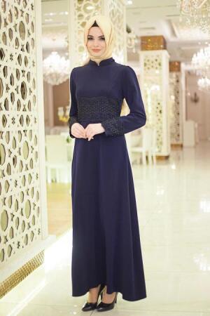 Neva Style - Beli ve Kolları Boncuk Detaylı Lacivert Tesettür Abiye Elbise 5351L - 1