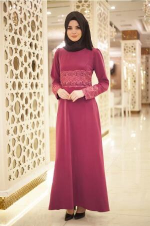 Neva Style - Beli ve Kolları Boncuk Detaylı Mürdüm Tesettür Abiye Elbise 5351MU - 1