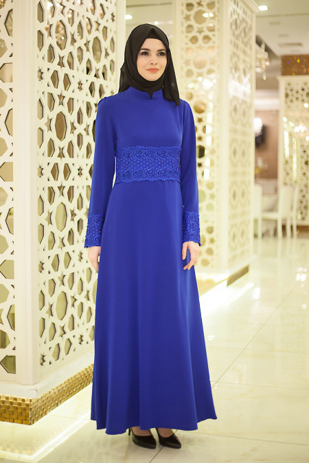 Neva Style - Beli ve Kolları Boncuk Detaylı Saks Mavisi Tesettür Abiye Elbise 5351SX