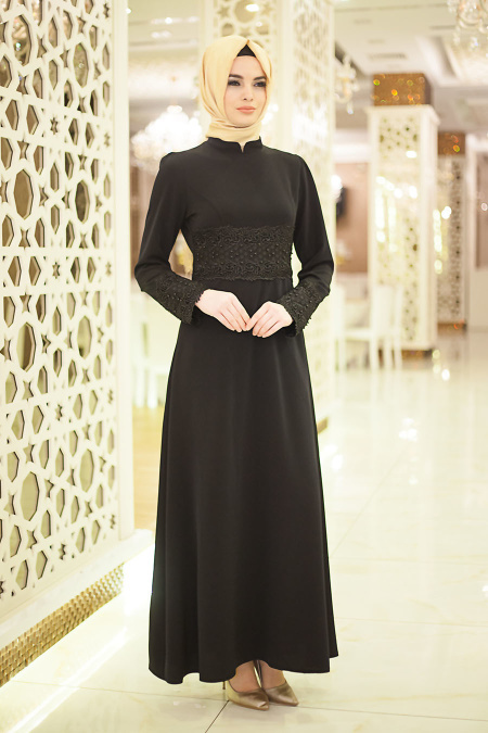 Neva Style - Beli ve Kolları Boncuk Detaylı Siyah Tesettür Abiye Elbise 5351S
