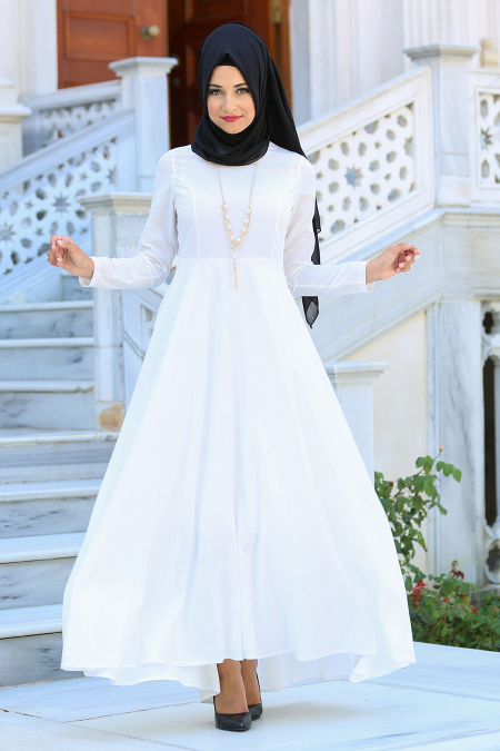 Neva Style - Beyaz Tesettür Elbise 4055B