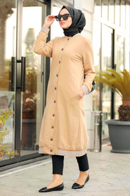 Neva Style - Biscuit Color Hijab Coat 60252BS - Thumbnail