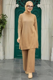 Neva Style - Biscuit High Quality Knitwear Dual Suit 3413BS - Thumbnail