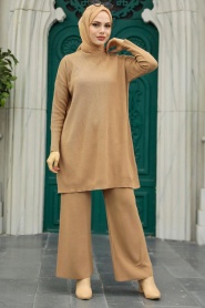 Neva Style - Biscuit High Quality Knitwear Dual Suit 3413BS - Thumbnail