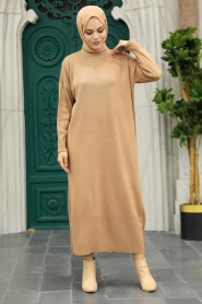 Neva Style - Biscuit Long Dress for Muslim Ladies Knitwear Dress 3409BS - Thumbnail