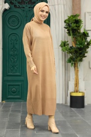 Neva Style - Biscuit Long Dress for Muslim Ladies Knitwear Dress 3409BS - Thumbnail