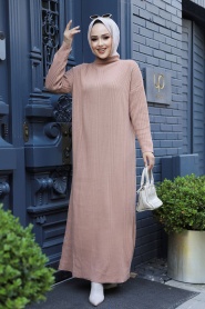 Neva Style - Biscuit Muslim Long Knitwear Dress Style 34150BS - Thumbnail