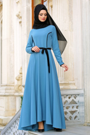 Neva Style - Biyeli Mavi Tesettür Elbise 42020M - Thumbnail