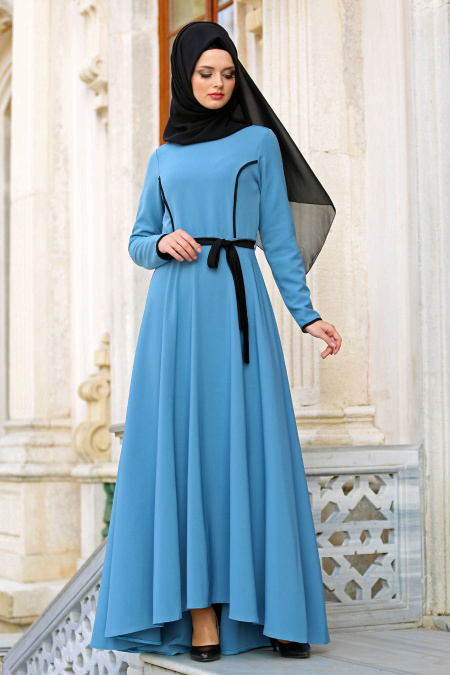Neva Style - Biyeli Mavi Tesettür Elbise 42020M